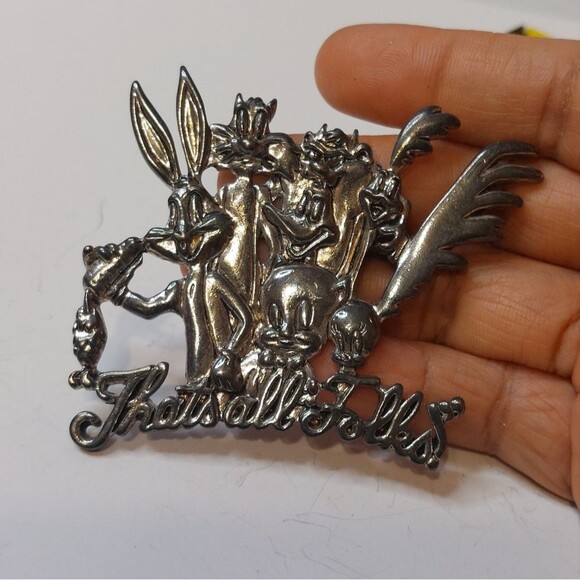 Warner Brothers WB 1994 Looney Tunes That's All Folks Silver Tone Brooch Pin - Picture 4 of 9